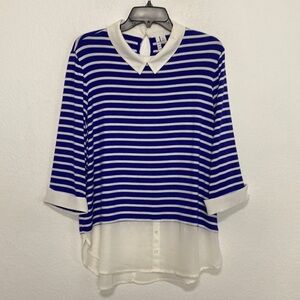 Elle Blue White Striped Long Sleeve Collared Layer Shirt Dress Tunic Top Size XL
